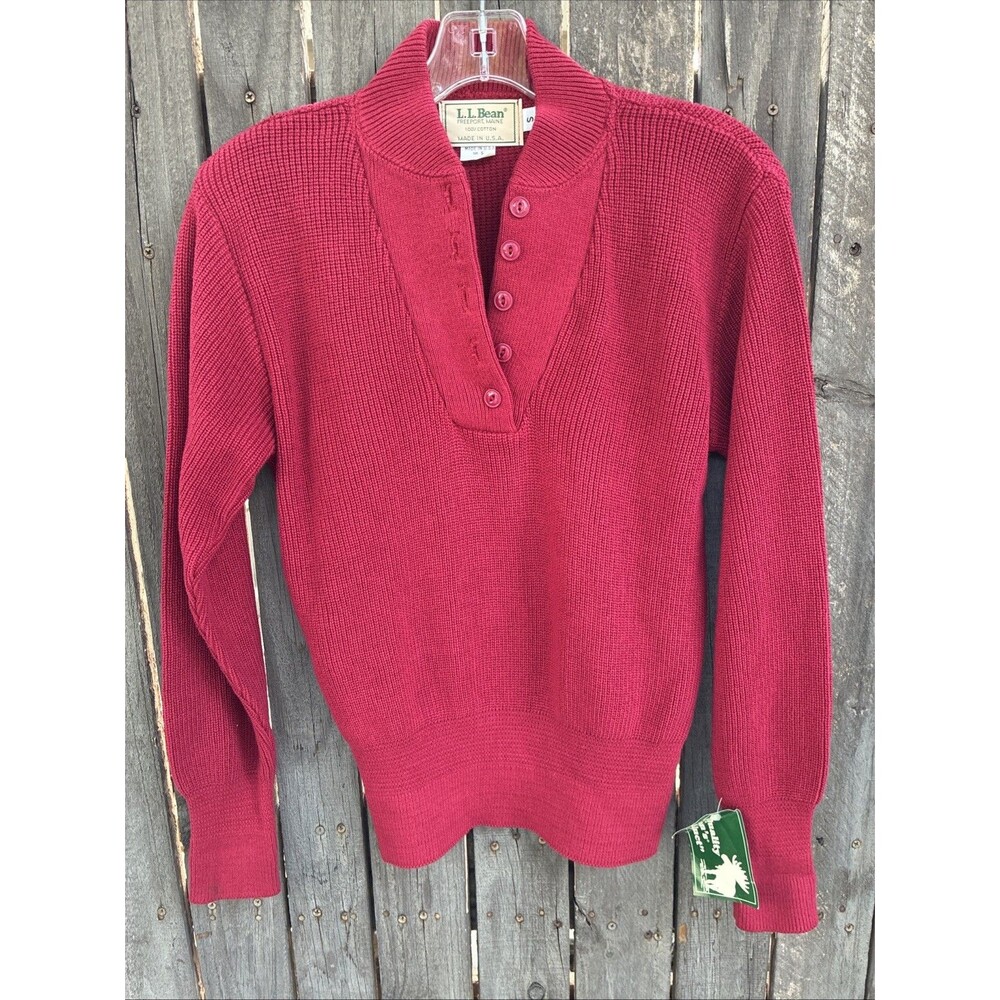 Vintage L.L.Bean 100% Cotton Henley Sweater Red USA NWT Size S